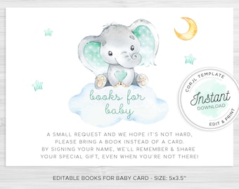 Mint Elefant Bücher für Baby Karte: Baby Party Einleger (digitaler Download)