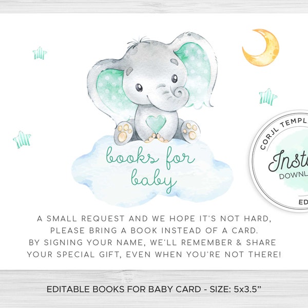 Books for Baby Card, Mint Elephant Baby Shower, Book Insert, Bring a Book, ME20