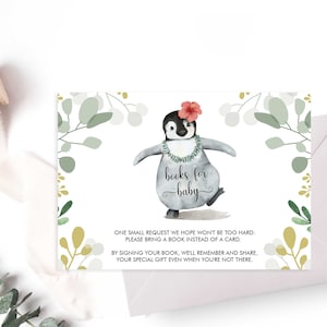 Może przedstawiać: Zaproszenie na baby shower z kresk&oacute;wkowym pingwinem w kwiecie i naszyjniku z kwiat&oacute;w, z tekstem "książki dla dziecka". Zaproszenie prosi gości o przyniesienie książki zamiast karty.