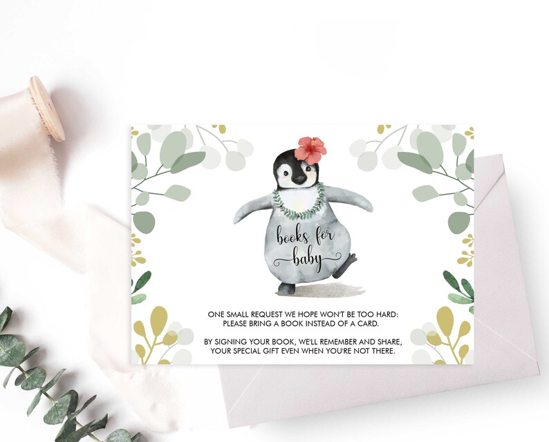 Może przedstawiać: Zaproszenie na baby shower z kresk&oacute;wkowym pingwinem w kwiecie i naszyjniku z kwiat&oacute;w, z tekstem "książki dla dziecka". Zaproszenie prosi gości o przyniesienie książki zamiast karty.