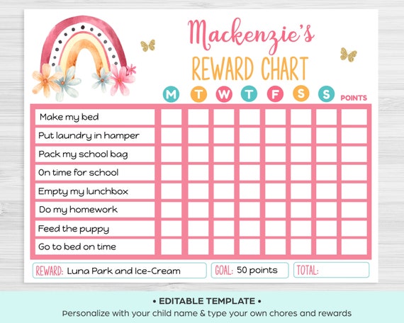 Chore Chart Template, Editable and Printable Daily and Weekly Chore Chart  with Reward