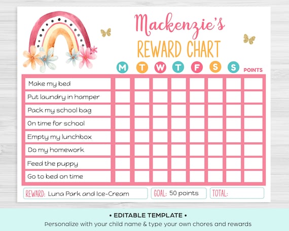 EDITABLE Chore Chart Template Rainbow, Printable Behavior Responsibility  Chart, Reward Chart Digital, Chore List, Corjl Instant Download - Etsy