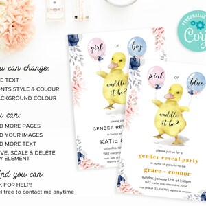 May include: A gender reveal party invitation featuring a cartoon duckling holding balloons that say "girl" or "boy", "pink" or "blue". The invitation includes the text "waddle it be?" and the names "Katie & Connor".