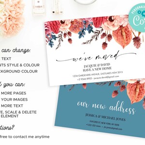 May include: A customisable moving announcement card with a floral design. The card features a white background with a border of pink, red, and orange flowers. The text "we've moved" is written in black cursive script. The card also includes the new address and contact information for the person or couple who has moved. The text "PERSONALIZE WITH Coryl" is in the top right corner of the card.