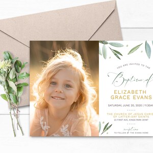 May include: A baptism invitation with a watercolor design of green leaves and gold dots. The invitation features a photo of a young girl with blonde hair and blue eyes. The text on the invitation reads "You are invited to the Baptism of Elizabeth Grace Evans, Saturday, June 20, 2020 | 11:30am, The Church of Jesus Christ of Latter-day Saints, 23 First Ave. Kings Park 20187, Reception to follow at the Evans home."