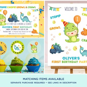 May include: A green dinosaur-themed first birthday party invitation with a cute dinosaur wearing a party hat and holding a balloon. The invitation says "Welcome to Stomp, Chomp, Growl & Crawl Oliver's First Birthday Party!"