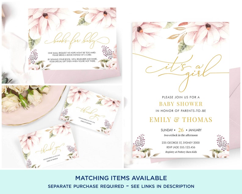 Puede incluir: Una invitaci&oacute;n a un baby shower con un dise&ntilde;o floral de acuarela en tonos rosa y verde. La invitaci&oacute;n presenta el texto "It's a girl" en escritura dorada e incluye detalles sobre el evento, como la fecha, la hora y la ubicaci&oacute;n. La invitaci&oacute;n tambi&eacute;n incluye una solicitud para que los invitados traigan un libro en lugar de una tarjeta.