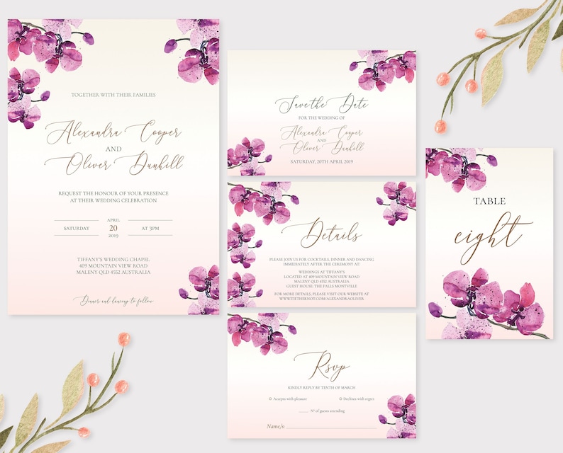 Printable Purple Invitation Orchid Wedding Invitation Suite ORC19