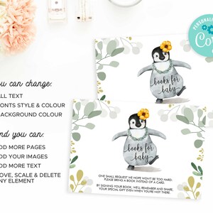 Może przedstawiać: Drukowane zaproszenie na baby shower z uroczym pingwinem w naszyjniku z kwiat&oacute;w i koronie kwiatowej. Tekst brzmi "książki dla dziecka". Tło to akwarelowy wz&oacute;r zielonych liści i kwiat&oacute;w.