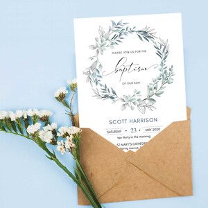 May include: A baptism invitation with a watercolor wreath of green leaves and a white background. The text reads "Please join us for the baptism of our son Scott Harrison Saturday, May 23, 2020, ten thirty in the morning, St. Mary's Cathedral, Spring Avenue."