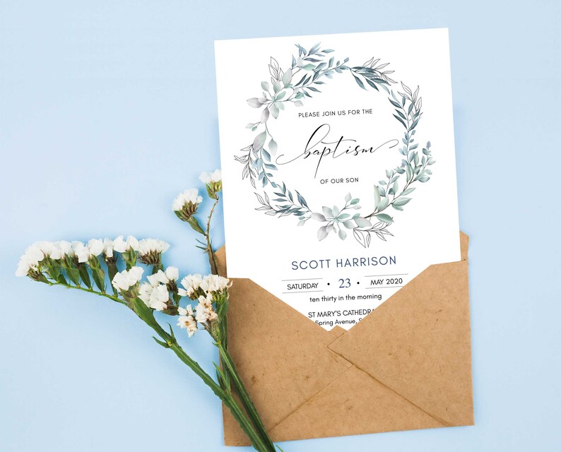May include: A baptism invitation with a watercolor wreath of green leaves and a white background. The text reads "Please join us for the baptism of our son Scott Harrison Saturday, May 23, 2020, ten thirty in the morning, St. Mary's Cathedral, Spring Avenue."