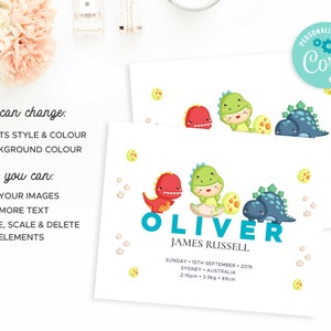 May include: A printable baby announcement card with a dinosaur theme. The card features a blue, green, and red dinosaur illustration with the name "Oliver James Russell" and birth details. The text "Personalize with Coryl" is in the top right corner.