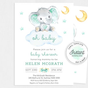 May include: A baby shower invitation featuring a charming watercolour illustration of a grey elephant with green ears and a heart on a blue cloud. The text on the invitation reads "oh baby" and "Please join us for a baby shower honouring mommy-to-be HELEN MCGRATH SEPT 23RD 2PM-4PM The McGrath Residence 345 Bathurst St, Sydney NSW 2000 RSVP Anna 555.123.456 by Sept 16th Registry at Target & Pottery Barn Kids".