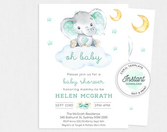 Watercolor Elephant Baby Shower Invitation: Gender Neutral, Moon & Stars (Digital Download)