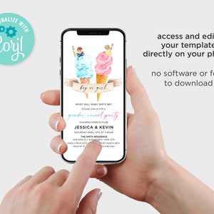 K&ouml;nnte beinhalten: Eine digitale Einladung zu einer Gender-Reveal-Party mit einem Design aus rosa und blauem Eis am Stiel. Der Text lautet "What will baby Smith be? Please join us for a gender reveal party honouring parents-to-be Jessica & Kevin Saturday, April 14th at 11:30am The Smith Residence 1485 Main St, Alexandria, New 20715 Kindly RSVP Kate by March 28th Registry at ..."
