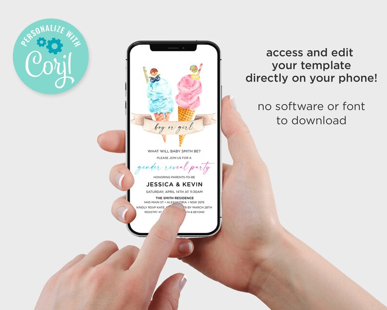 K&ouml;nnte beinhalten: Eine digitale Einladung zu einer Gender-Reveal-Party mit einem Design aus rosa und blauem Eis am Stiel. Der Text lautet "What will baby Smith be? Please join us for a gender reveal party honouring parents-to-be Jessica & Kevin Saturday, April 14th at 11:30am The Smith Residence 1485 Main St, Alexandria, New 20715 Kindly RSVP Kate by March 28th Registry at ..."