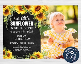 Bearbeitbare Sonnenblumen-Geburtstags-Einladungs-Vorlage, Schwarze Tafel Floral Erster Geburtstag Invite - SUN01