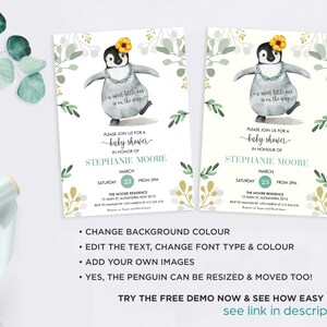 May include: A baby shower invitation featuring a cartoon penguin wearing a flower crown and a lei. The invitation is for Stephanie Moore and is set for Saturday, 23rd March from 3 PM at The Moore Residence. The text "A sweet little one is on the way" is included on the invitation.