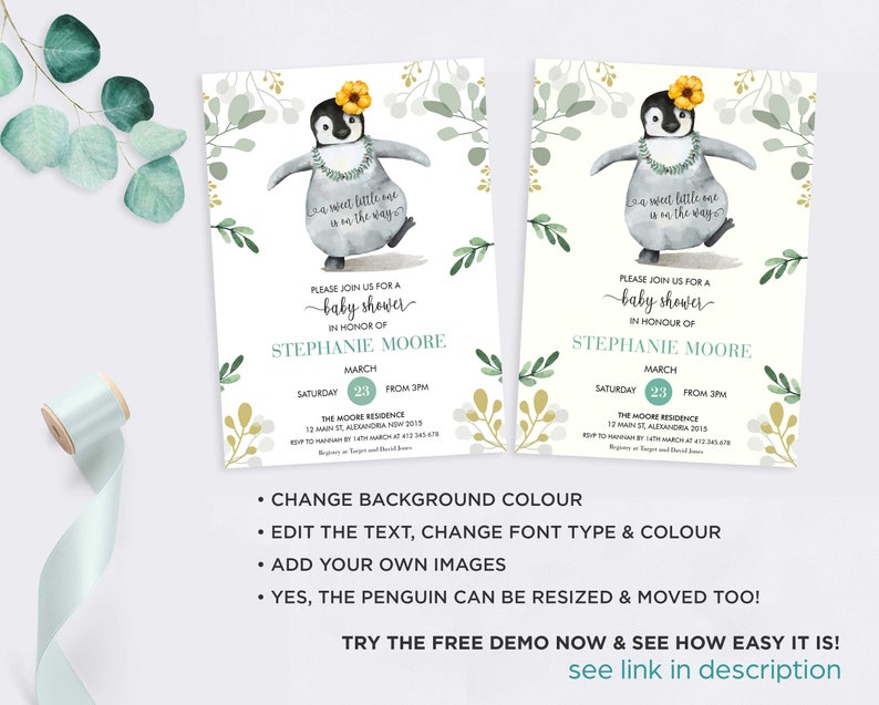 May include: A baby shower invitation featuring a cartoon penguin wearing a flower crown and a lei. The invitation is for Stephanie Moore and is set for Saturday, 23rd March from 3 PM at The Moore Residence. The text "A sweet little one is on the way" is included on the invitation.