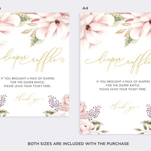 Puede incluir: Dos carteles imprimibles con un dise&ntilde;o floral en tonos rosa, verde y marr&oacute;n. El texto en los carteles dice "rifa de pa&ntilde;ales" e incluye instrucciones para que los invitados dejen su boleto si trajeron un paquete de pa&ntilde;ales. Los carteles est&aacute;n disponibles en tama&ntilde;os de 8x10 pulgadas y A4.