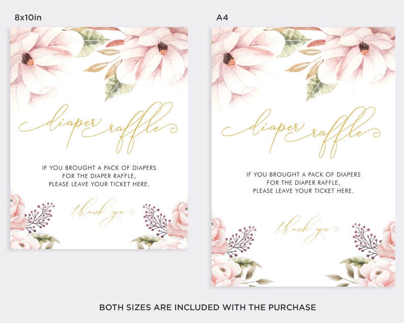 Puede incluir: Dos carteles imprimibles con un dise&ntilde;o floral en tonos rosa, verde y marr&oacute;n. El texto en los carteles dice "rifa de pa&ntilde;ales" e incluye instrucciones para que los invitados dejen su boleto si trajeron un paquete de pa&ntilde;ales. Los carteles est&aacute;n disponibles en tama&ntilde;os de 8x10 pulgadas y A4.