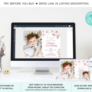 Pu&ograve; includere: Un mockup digitale di un invito di primo compleanno rosa e oro con un design floreale. L'invito &egrave; visualizzato su uno schermo di computer, un tablet e uno smartphone. Il testo sull'invito recita "One" e "Miranda's First Birthday".