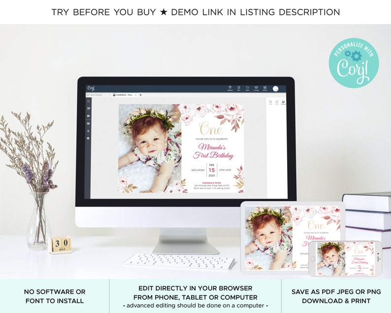 Pu&ograve; includere: Un mockup digitale di un invito di primo compleanno rosa e oro con un design floreale. L'invito &egrave; visualizzato su uno schermo di computer, un tablet e uno smartphone. Il testo sull'invito recita "One" e "Miranda's First Birthday".