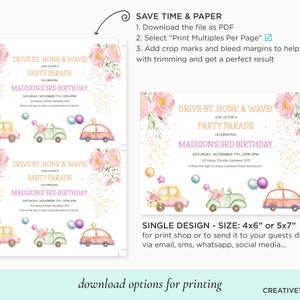 May include: Printable invitation for a drive-by birthday party. The invitation features a pink floral design with cars and balloons. The text reads "Drive By, Honk & Wave! Join us for a Party Parade Celebrating Madison's 3rd Birthday".