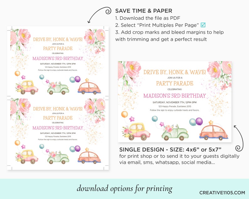 May include: Printable invitation for a drive-by birthday party. The invitation features a pink floral design with cars and balloons. The text reads "Drive By, Honk & Wave! Join us for a Party Parade Celebrating Madison's 3rd Birthday".