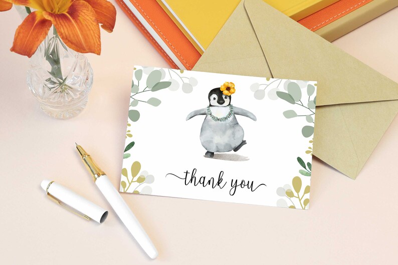 May include: A thank you card featuring a watercolour illustration of a penguin wearing a flower and a lei. The card has a green and gold floral border and the text "thank you" in cursive.