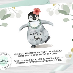Może przedstawiać: Aquarela przedstawiająca pingwina w kwiecie i naszyjniku z kwiat&oacute;w, z tekstem "books for baby". Tekst pod ilustracją brzmi: "Mała prośba, kt&oacute;rej mamy nadzieję, że nie będzie zbyt trudno: Prosimy przynieść książkę zamiast kartki. Podpisując swoją książkę, będziemy pamiętać i dzielić się, twoim wyjątkowym prezentem, nawet gdy nie będziesz tu."