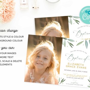 May include: A white baptism invitation with green watercolor leaves and gold glitter. The text reads "You are invited to the Baptism of Elizabeth Grace Evans, Saturday, June 20, 2020 | 11:30am, The Church of Jesus Christ of Latter-day Saints, 23 First Ave, Kings Park 20187, Reception to follow at the Evans home".