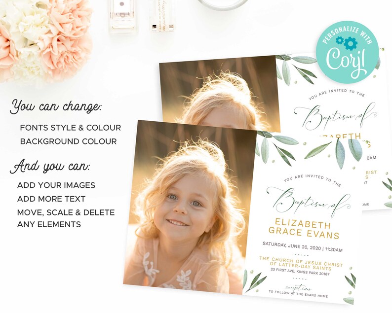 May include: A white baptism invitation with green watercolor leaves and gold glitter. The text reads "You are invited to the Baptism of Elizabeth Grace Evans, Saturday, June 20, 2020 | 11:30am, The Church of Jesus Christ of Latter-day Saints, 23 First Ave, Kings Park 20187, Reception to follow at the Evans home".