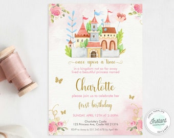 Prinzessin Geburtstagseinladung Vorlage: Rosa goldenes Schloss (Instant Download)