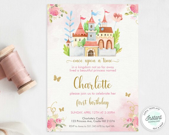 Editable Princess And Knight Birthday Invitation Once Upon A Time Princess Royal Birthday Girl Pink Castle Template Corjl Printable 0171 Templates Paper Party Supplies Kromasol Com