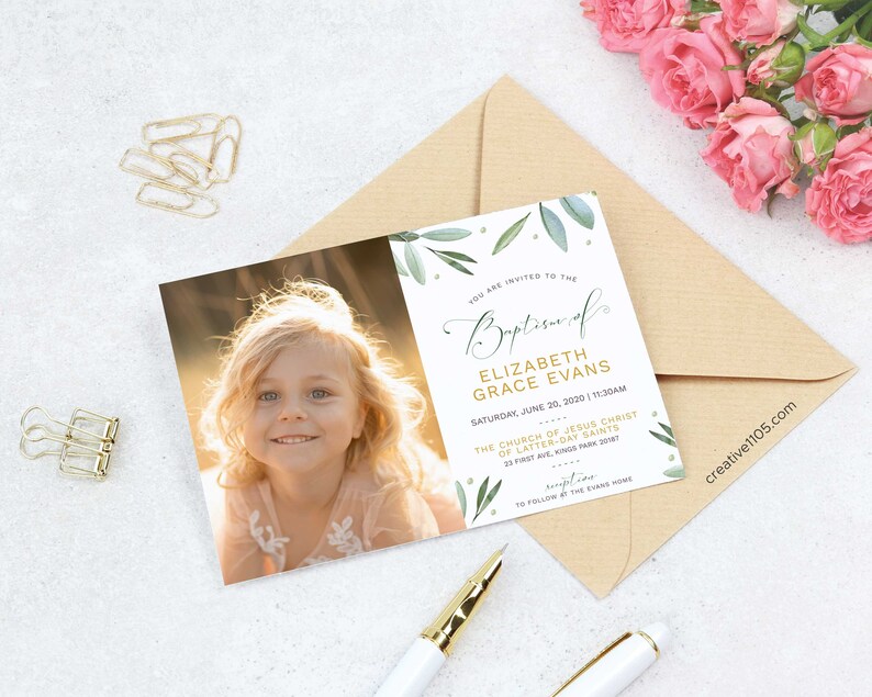 May include: A baptism invitation with a green leafy design and gold lettering. The invitation reads "You are invited to the Baptism of Elizabeth Grace Evans, Saturday, June 20, 2020 | 11:30 AM, The Church of Jesus Christ of Latter-day Saints, 23 First Ave, Kings Park 2087". A photo of a young girl with blonde hair is in the top left corner of the invitation.