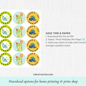 May include: Printable 8.5 x 11 inch sheet of 8 dinosaur-themed round stickers. The stickers feature a green dinosaur with a yellow hat and a blue dinosaur with a yellow hat. The text on the stickers says "Happy Birthday" and "Oliver's 1st Birthday".
