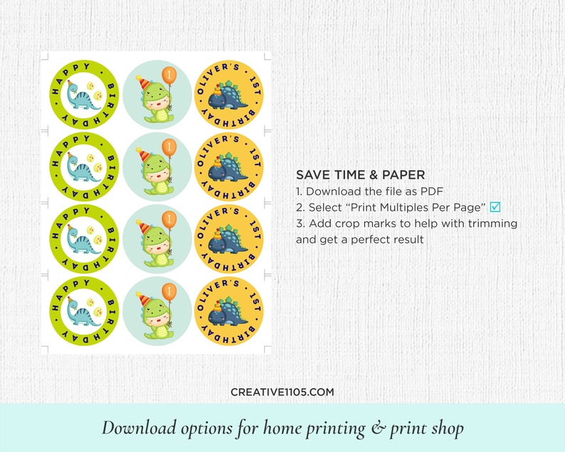 May include: Printable 8.5 x 11 inch sheet of 8 dinosaur-themed round stickers. The stickers feature a green dinosaur with a yellow hat and a blue dinosaur with a yellow hat. The text on the stickers says "Happy Birthday" and "Oliver's 1st Birthday".
