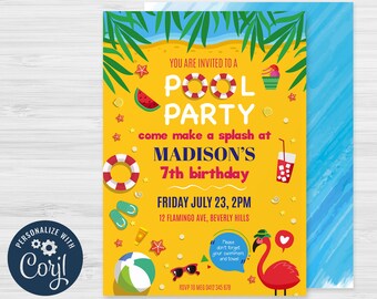 Invitation à la fête de la piscine, fête d'anniversaire Flamingo, PPC2