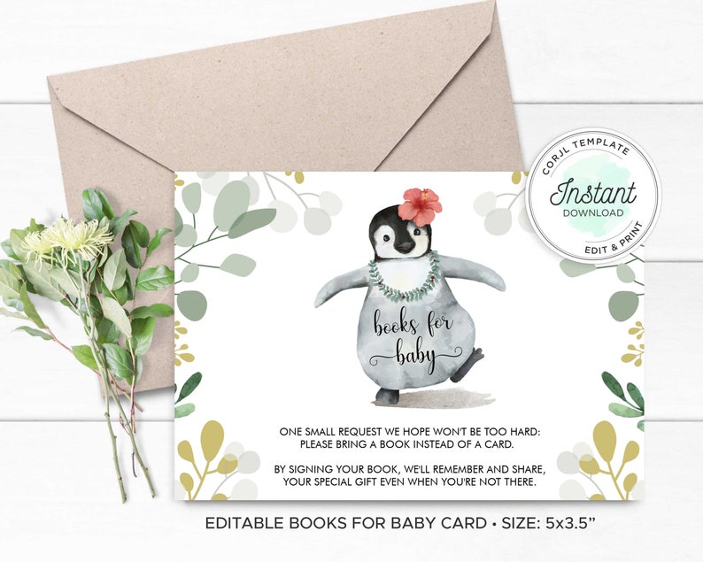 Może przedstawiać: Drukowana karta na baby shower z kresk&oacute;wkowym pingwinem w kwiecie i naszyjniku z kwiat&oacute;w, z tekstem "książki dla dziecka". Karta zawiera tekst "Mała prośba, mamy nadzieję, że nie będzie zbyt trudna: Prosimy przynieść książkę zamiast kartki." i "Podpisując swoją książkę, będziemy pamiętać i dzielić się, twoim wyjątkowym prezentem, nawet gdy nie będziesz tam."