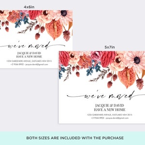 May include: A printable "We've Moved" announcement card with a floral border. The card includes the text "We've Moved", "Jacquie & David", "Have a New Home", "1234 Gardeners Avenue, Eastlakes NSW 2015", and "+2 9566 8902 - jacquie.david@gmail.com". The card is available in two sizes: 10.16cm x 15.24cm and 12.7cm x 17.78cm.