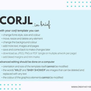 Puede incluir: Un fondo azul claro con texto blanco que explica las caracter&iacute;sticas de la plantilla Corjl. El texto dice "CORJL en breve" y enumera las caracter&iacute;sticas que puedes usar con la plantilla, como cambiar las fuentes, agregar texto y descargar como JPEG, PNG o PDF. El texto tambi&eacute;n dice "la edici&oacute;n avanzada debe hacerse en una computadora" y enumera las caracter&iacute;sticas que no se pueden modificar, como la orientaci&oacute;n y el tama&ntilde;o de la plantilla.