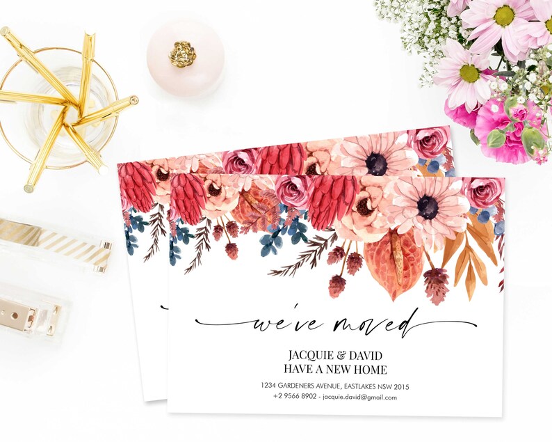 May include: A white card with a floral border and the text "we've moved" in black script. Below the text is the message "Jacquie & David have a new home" followed by their new address and contact information.