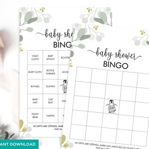 May include: A printable baby shower bingo card with a penguin illustration. The card has a grid with squares for marking off items as they are opened. The squares are labeled with baby-related items such as wash cloth, baby spoon, booties, burp cloth, bottle warmer, socks, rhymes, playpen, baby mat, car seat, crib, teddy bear, napkin, and more.