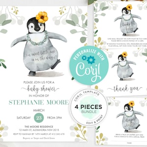 May include: A printable baby shower invitation set featuring a watercolour penguin illustration. The invitation depicts a cute penguin with a yellow flower on its head and a lei around its neck. The text on the invitation reads "a sweet little one is on the way". The invitation also includes the text "Please join us for a baby shower in honour of Stephanie Moore". The invitation is decorated with green leaves and gold accents. The set includes four pieces: an invitation, a thank you card, a diaper raffle card, and a book request card.