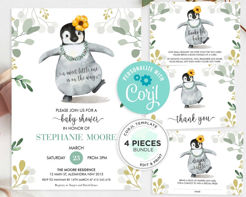 May include: A printable baby shower invitation set featuring a watercolour penguin illustration. The invitation depicts a cute penguin with a yellow flower on its head and a lei around its neck. The text on the invitation reads "a sweet little one is on the way". The invitation also includes the text "Please join us for a baby shower in honour of Stephanie Moore". The invitation is decorated with green leaves and gold accents. The set includes four pieces: an invitation, a thank you card, a diaper raffle card, and a book request card.