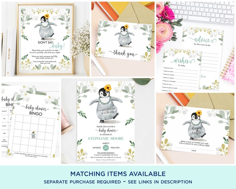 Może przedstawiać: Zestaw drukowanych dekoracji na baby shower z pingwinem z ż&oacute;łtym kwiatem na głowie. Zestaw zawiera kartę do bingo, grę &bdquo;nie m&oacute;w baby&rdquo;, kartę z podziękowaniami, kartę loterii pieluszkowej, kartę z życzeniami dla dziecka i kartę z radami dla przyszłej mamy. Karty mają akwarelowe tło z zielonymi liśćmi i jasnoniebieską ramką.