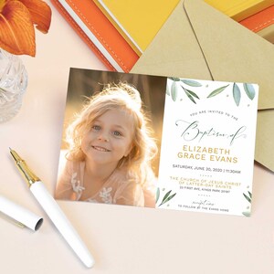 May include: A white card with green leaves and gold lettering announcing a baptism for Elizabeth Grace Evans. The date is Saturday, June 20, 2020 at 11:30 AM. The location is The Church of Jesus Christ of Latter-day Saints. A photo of a young girl with blonde hair is in the upper left corner of the card.