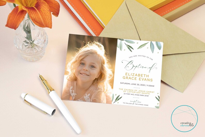 May include: A white card with green leaves and gold lettering announcing a baptism for Elizabeth Grace Evans. The date is Saturday, June 20, 2020 at 11:30 AM. The location is The Church of Jesus Christ of Latter-day Saints. A photo of a young girl with blonde hair is in the upper left corner of the card.