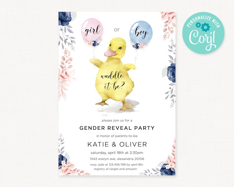 Duck Gender Reveal Invitation: Waddle it Be, He or She (Corjl Template) image 1